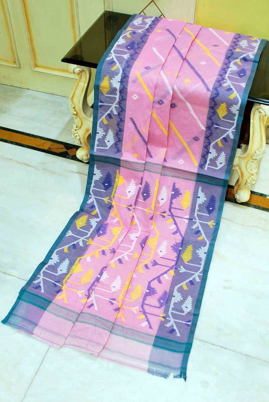 Traditional Handwoven Allover Needle Karat Work Cotton Dhakai Jamdani Saree in Light Pink, Grey Blue and Multicolored Thread Work