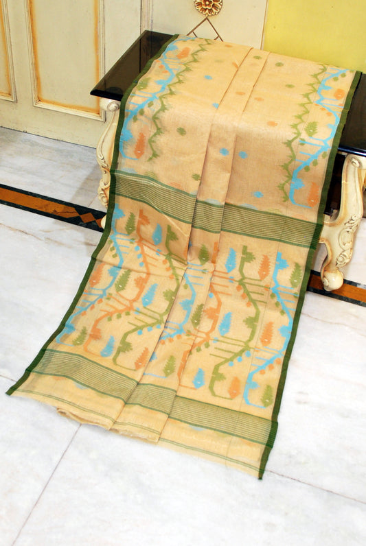 Hand Karat Needle Woven Work Pure Cotton Bengal Jamdani Saree in Warm Beige, Dark Green and Multicolored