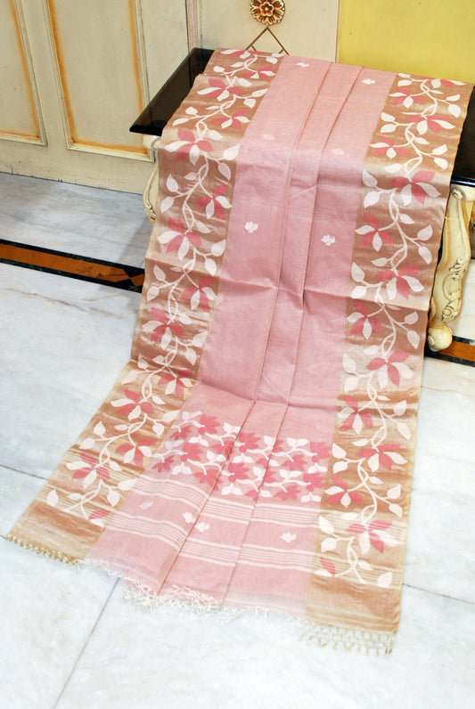 Tussar Silk Hand Woven Lotus Nakshi Border Cotton Dhakai Jamdani Saree in Thulian Pink, Off White and Golden Beige