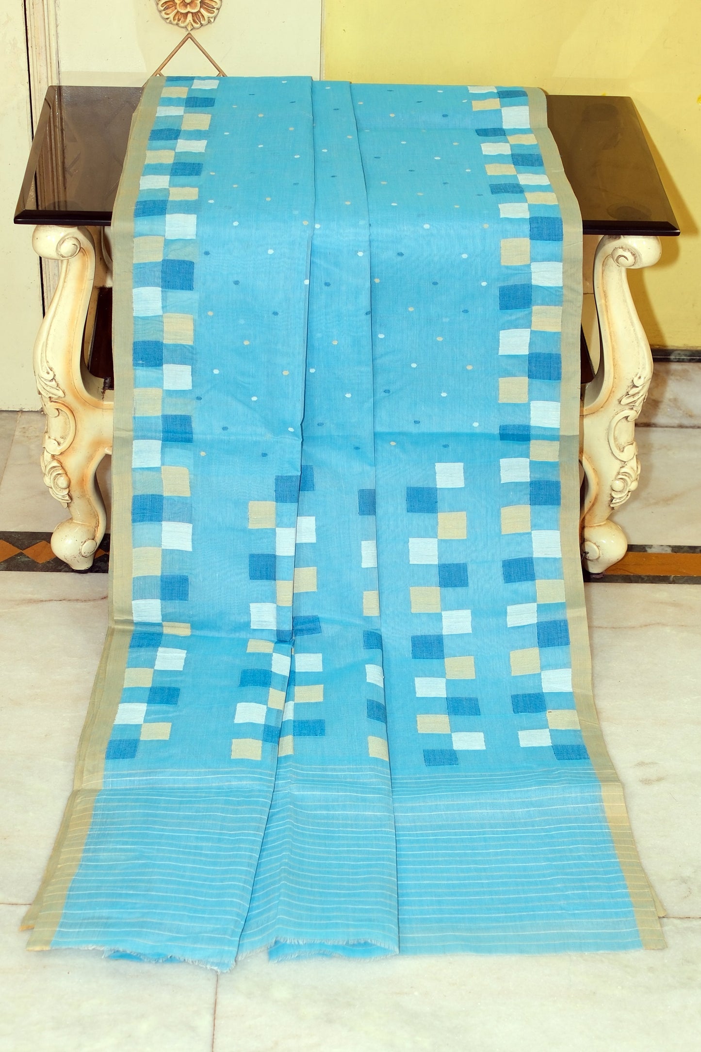 Handwoven Pure Cotton Bengal Jamdani Saree Sky Blue, Beige, Off White and Navy Blue Thread Work