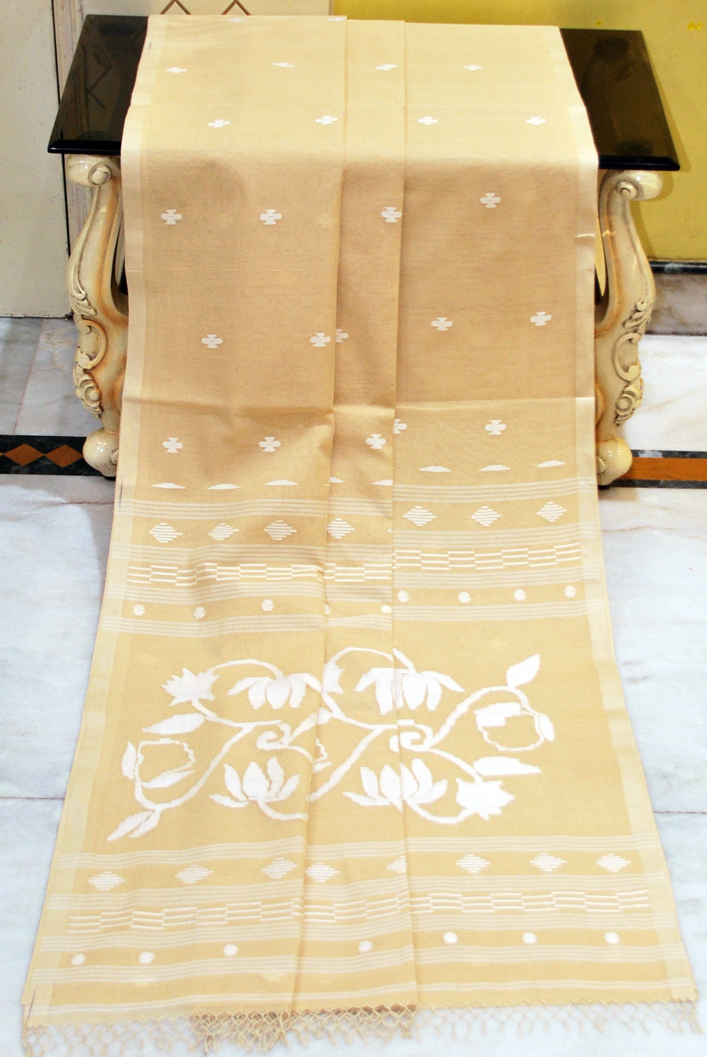 Hand Woven Work Cotton Jamdani Saree in Warm Beige and Off White