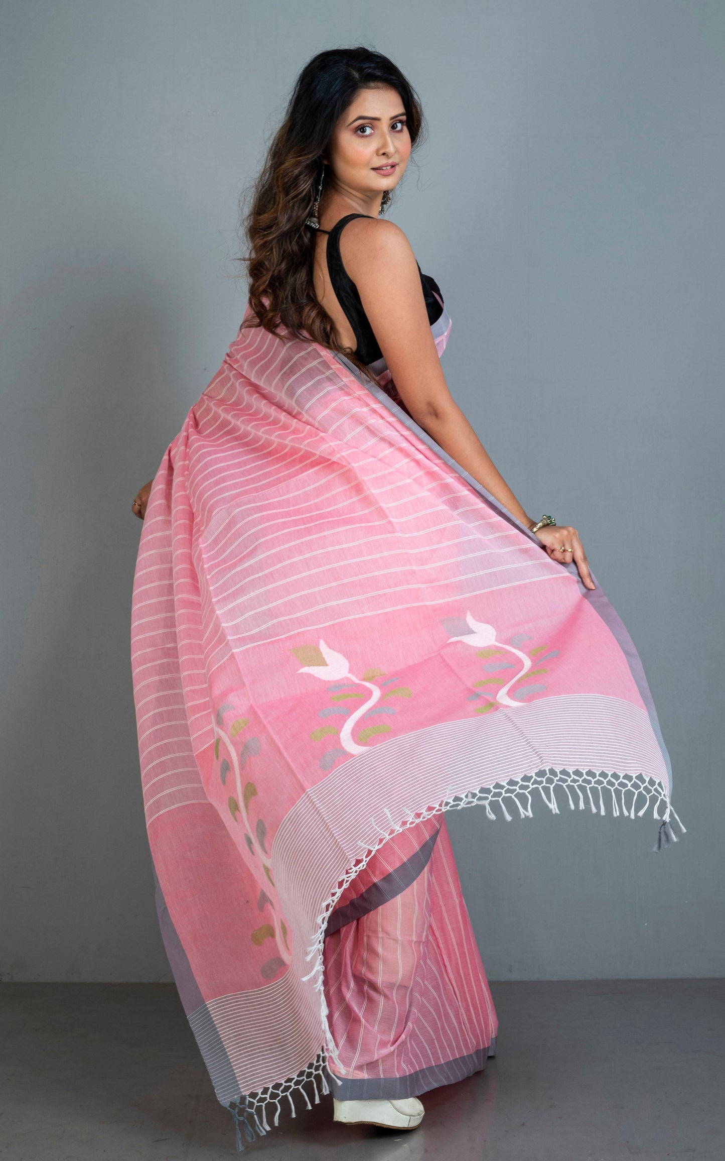 Woven Khes Work Authentic Khaddar Cotton Jamdani Saree in Lemonade Pink, Off White, Grey and Green
