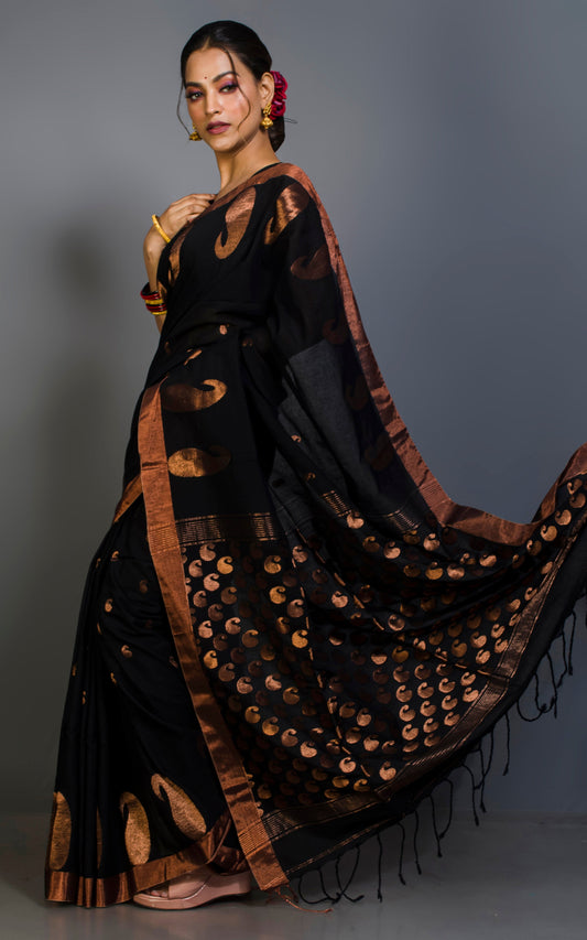 Premium Quality Double Warp Soft Pure Cotton Saree in Black and Copper Zari Work