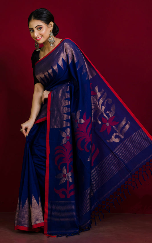 Premium Quality Double Warp Soft Cotton Kangivaram Saree in Midnight Blue, Dark Red and Muted Gold Zari Work