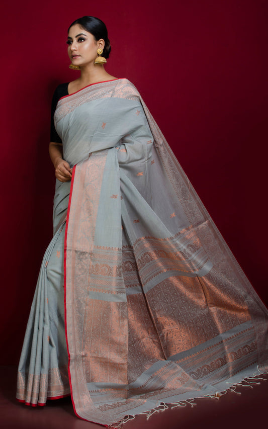 Premium Quality Double Warp Soft Pure Cotton Banarasi Saree in Cloud Grey, Dark Red and Copper Zari Work