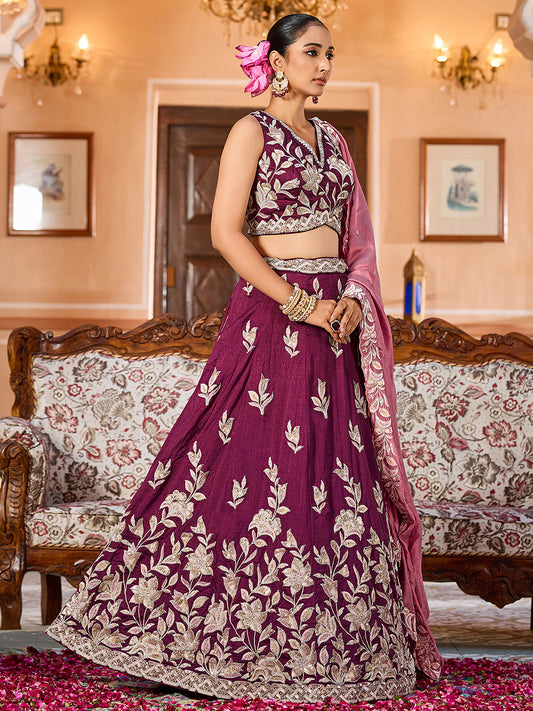 Burgundy Silk Sequins Embroidery Lehenga Choli for Wedding Guest