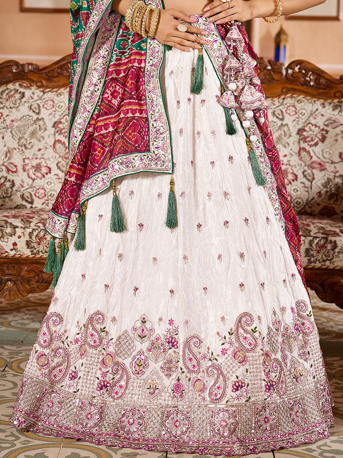 Cream Tissue Sequins Embroidery Lehenga Choli With Green Color Dupatta