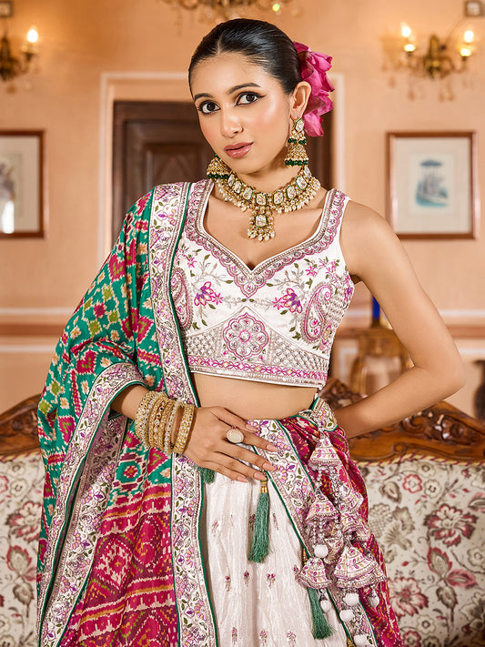 Cream Tissue Sequins Embroidery Lehenga Choli With Green Color Dupatta