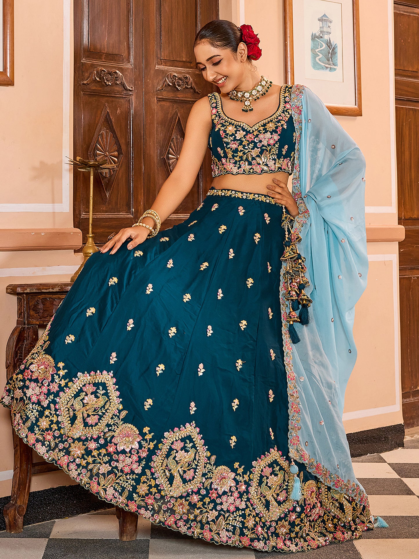 Teal Blue Tissue Sequins embroidery Bridesmaid Lehenga Choli