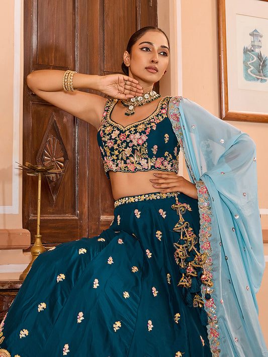 Teal Blue Tissue Sequins embroidery Bridesmaid Lehenga Choli