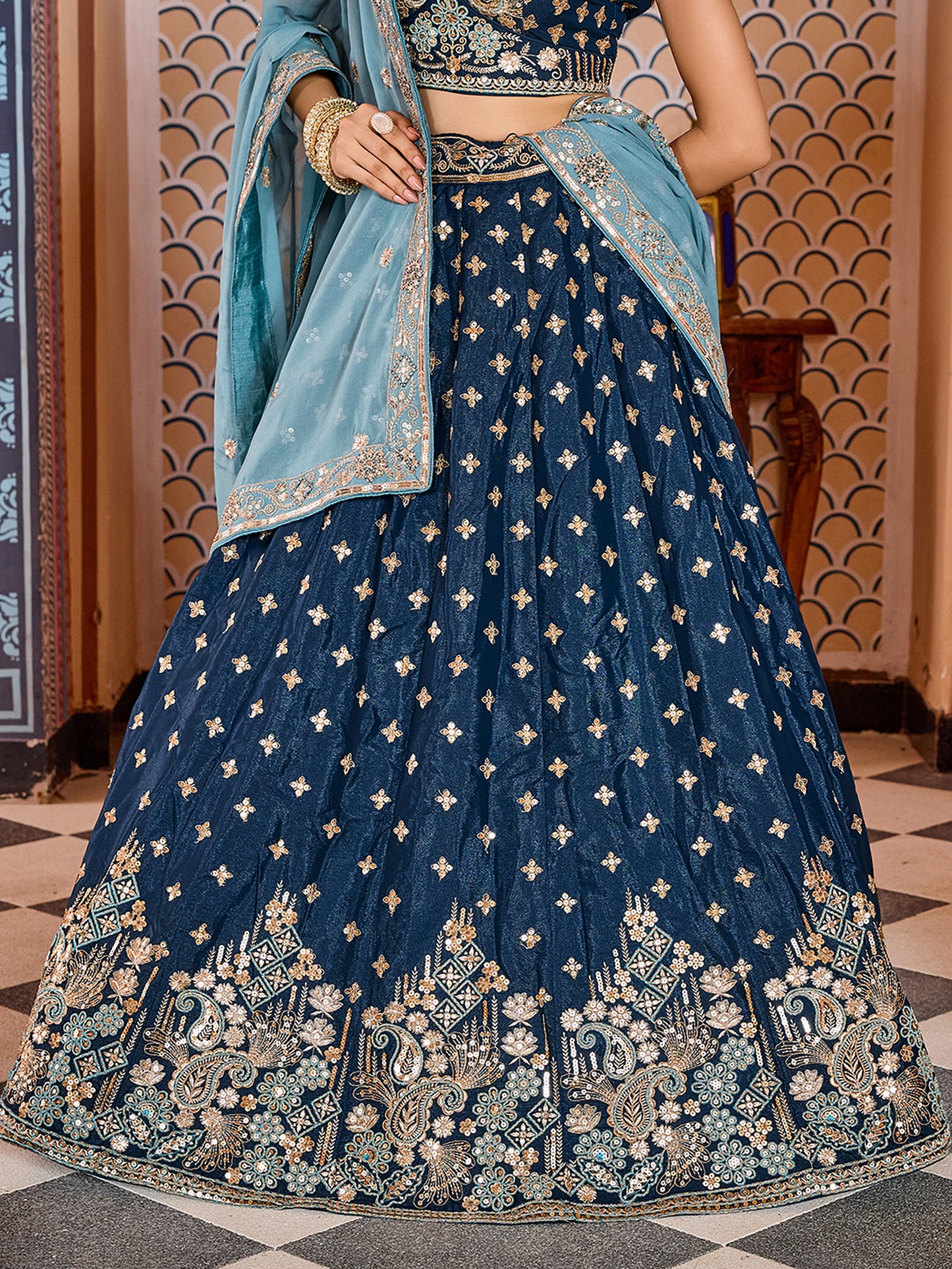 Navy Blue Silk Sequins Embroidery Lehenga Choli for Bridesmaid