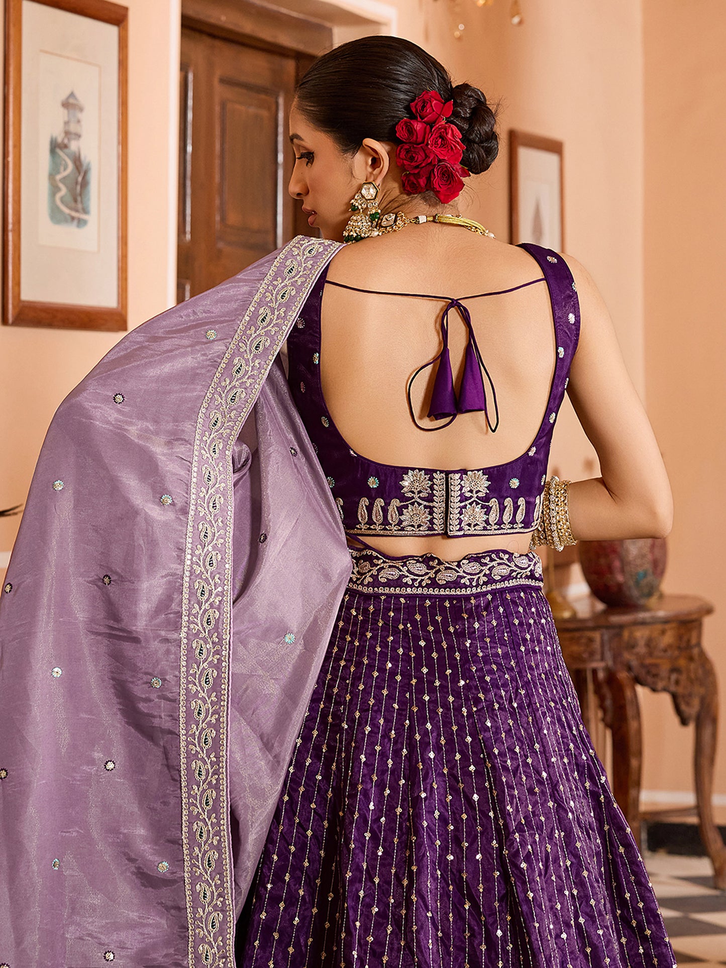 Purple Tissue Silk Fabric Sequins Embroidery Wedding Guest Lehenga Choli