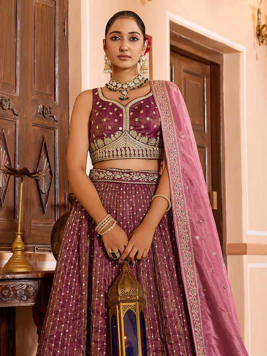 Rose Gold Tissue Silk Fabric Sequins Embroidery Wedding Guest Lehenga Choli