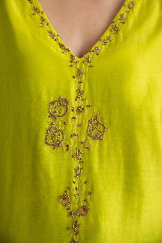 Green and Golden Chanderi Embroidered Kurta set
