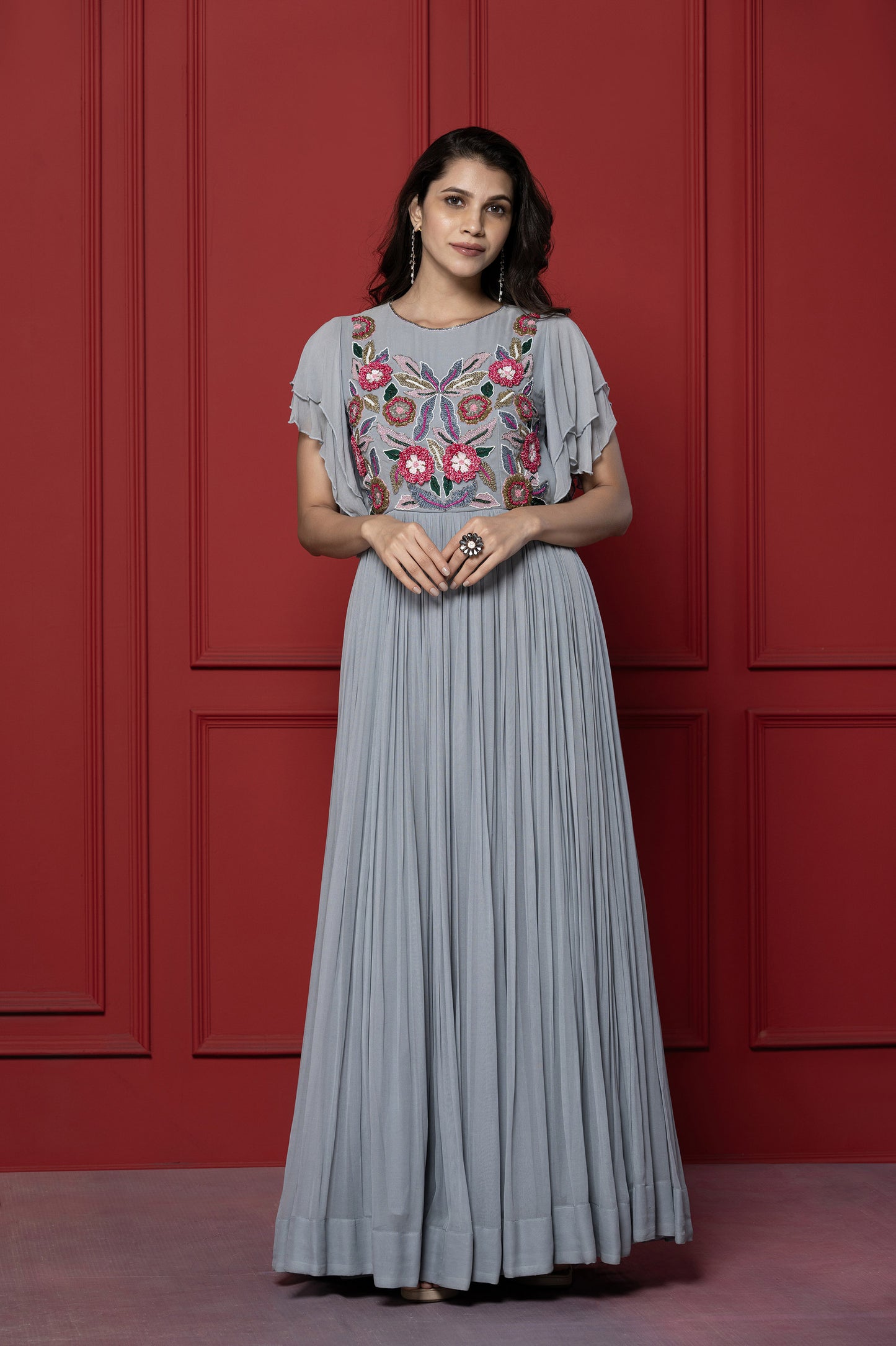 Grey Threadwork Bell Sleeved Grey Gown