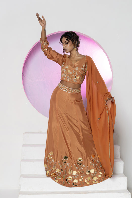 Rust Mirror Upada Silk Lehenga