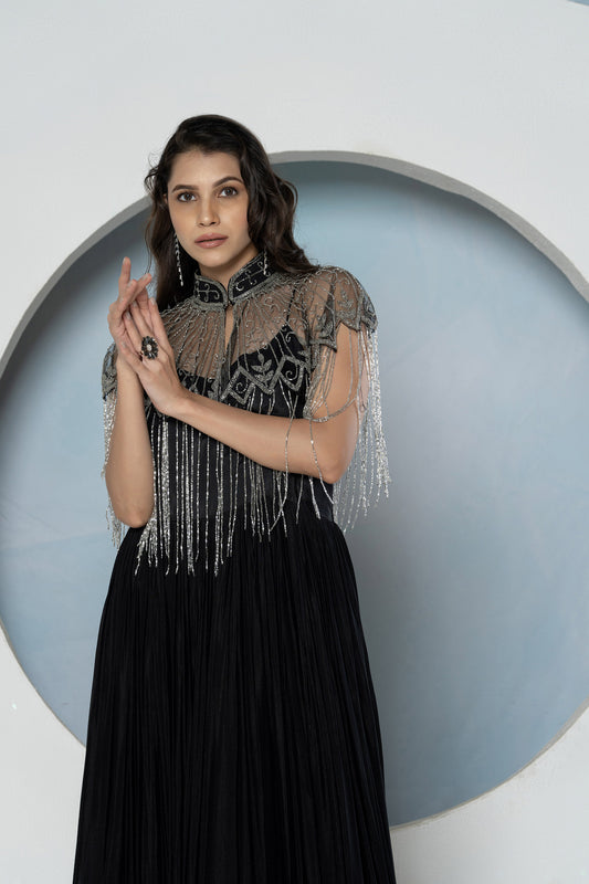 Black Chinnon Detachable Cape Gown