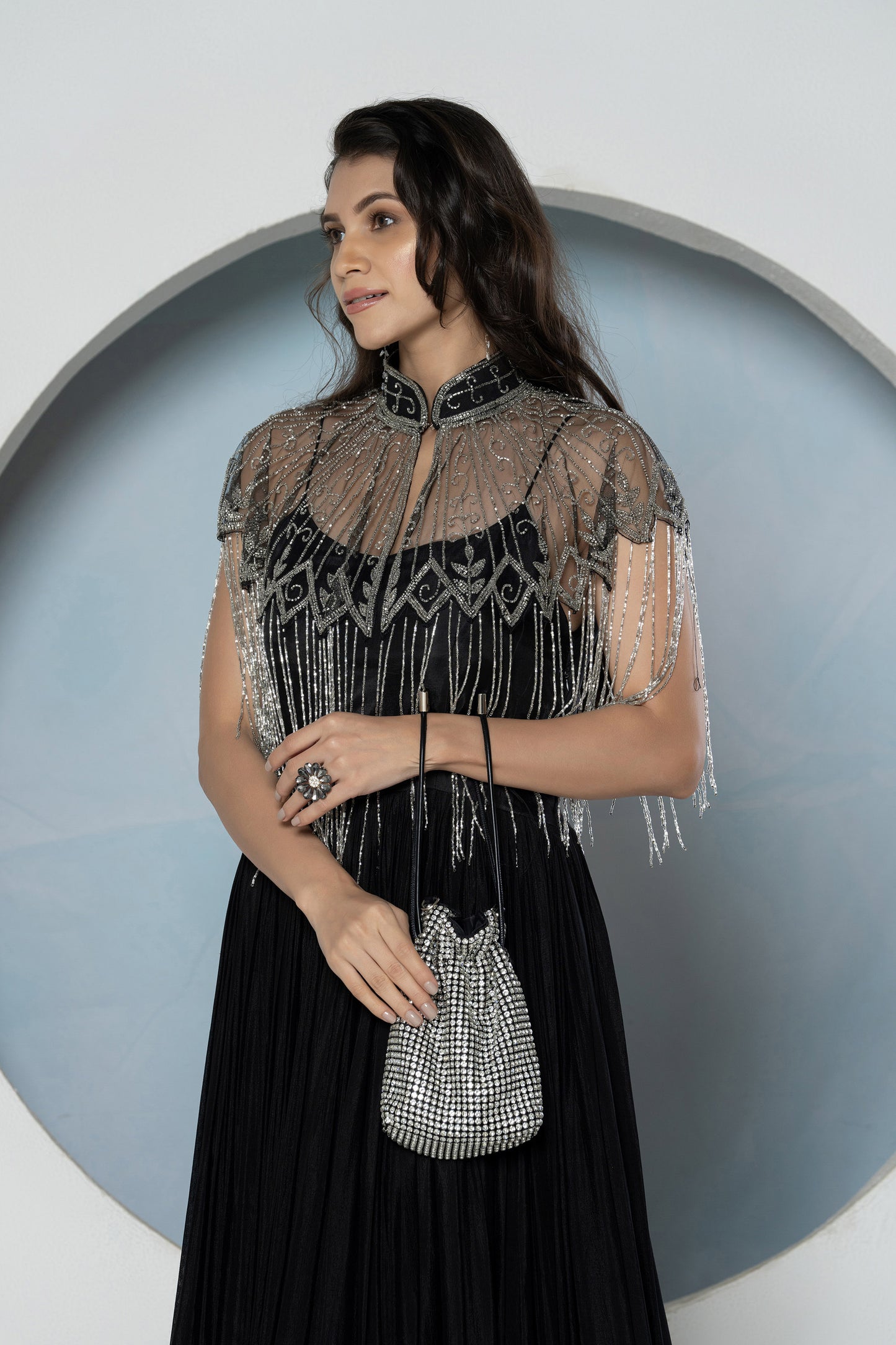 Black Chinnon Detachable Cape Gown