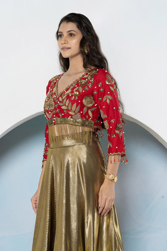 Red & Gold Bling Dola Silk Embellished Lehenga