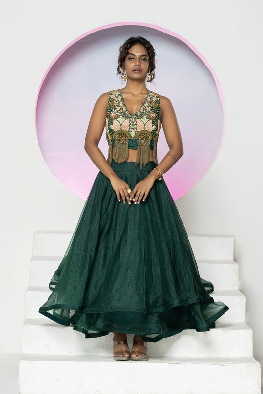 Emerald Green Organza Lehenga Set