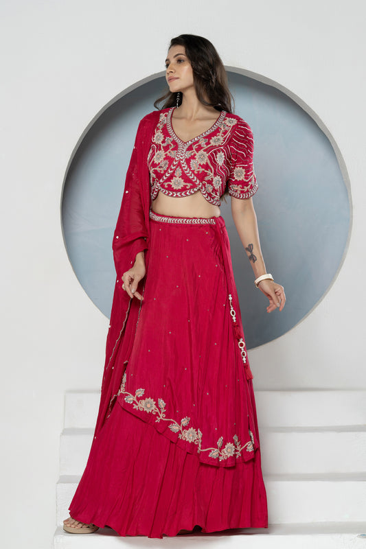 Rani Pink Layered Dola Silk Bridesmaid Lehenga Set