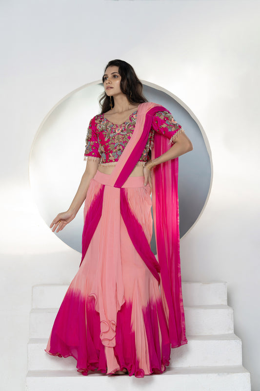 Ombré Drape Viscose Fuschia Pink Lehenga Set