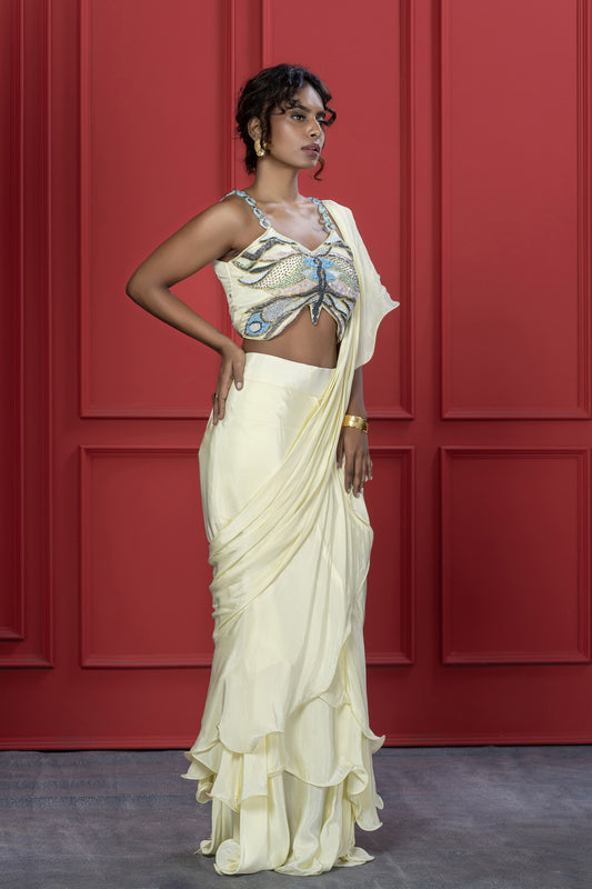 Yellow Crepe Butterfly motif Saree