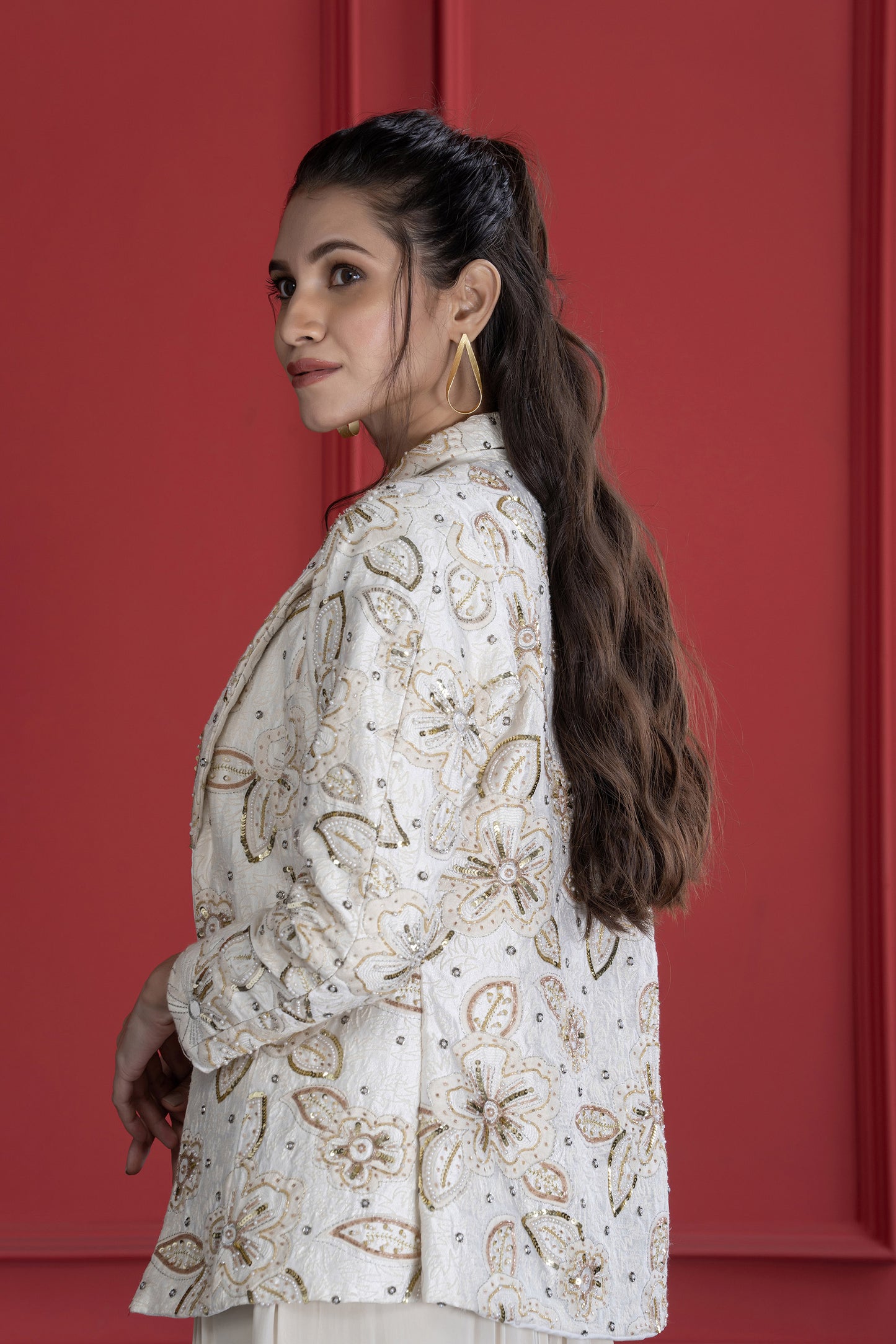 Off white Crepe Textured Embroidered Blazer Set