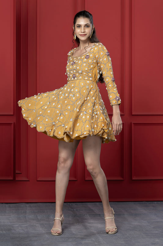 Mustard Dola Silk Embroidered Frock