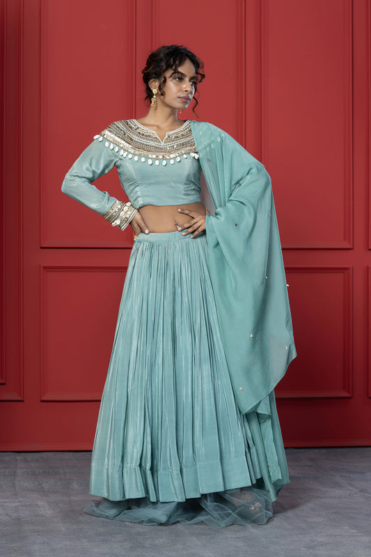 Sea Green Crepe Shell work Lehenga Set