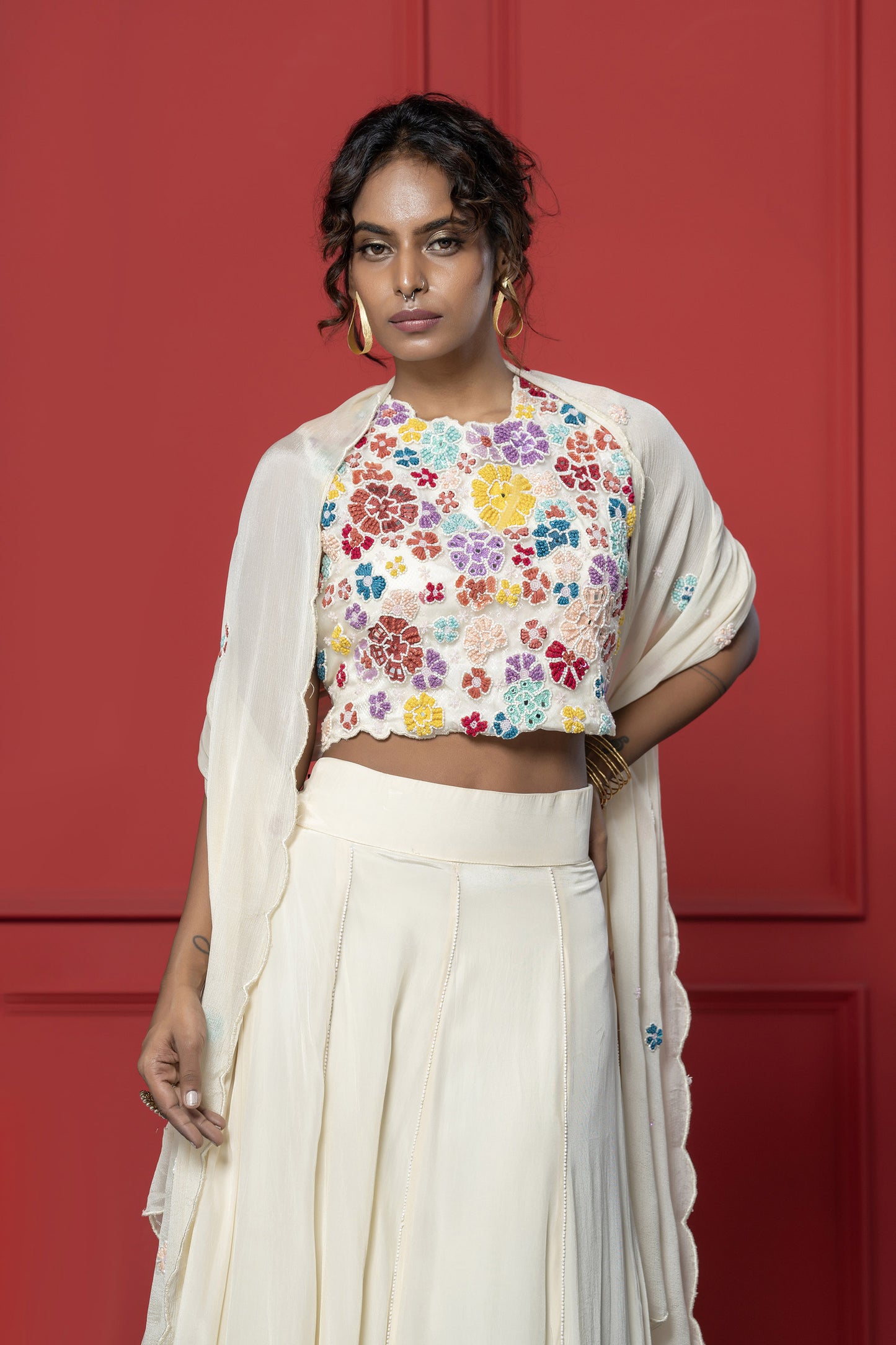 Off white Crepe French knot Floral Lehenga