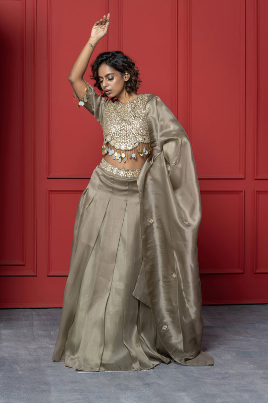 Greenish Copper Organza Mirror Lehenga Set