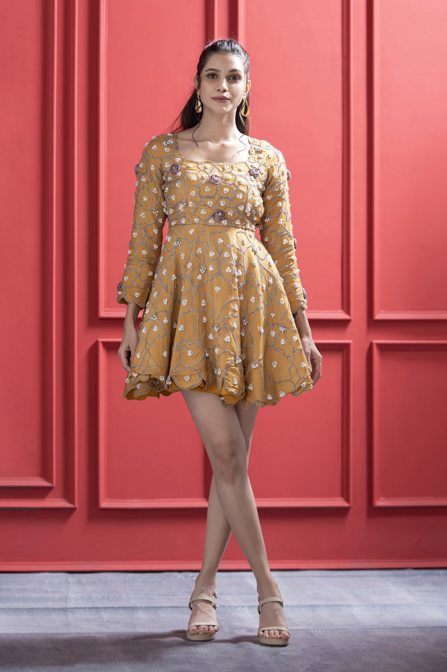 Mustard Dola Silk Embroidered Frock
