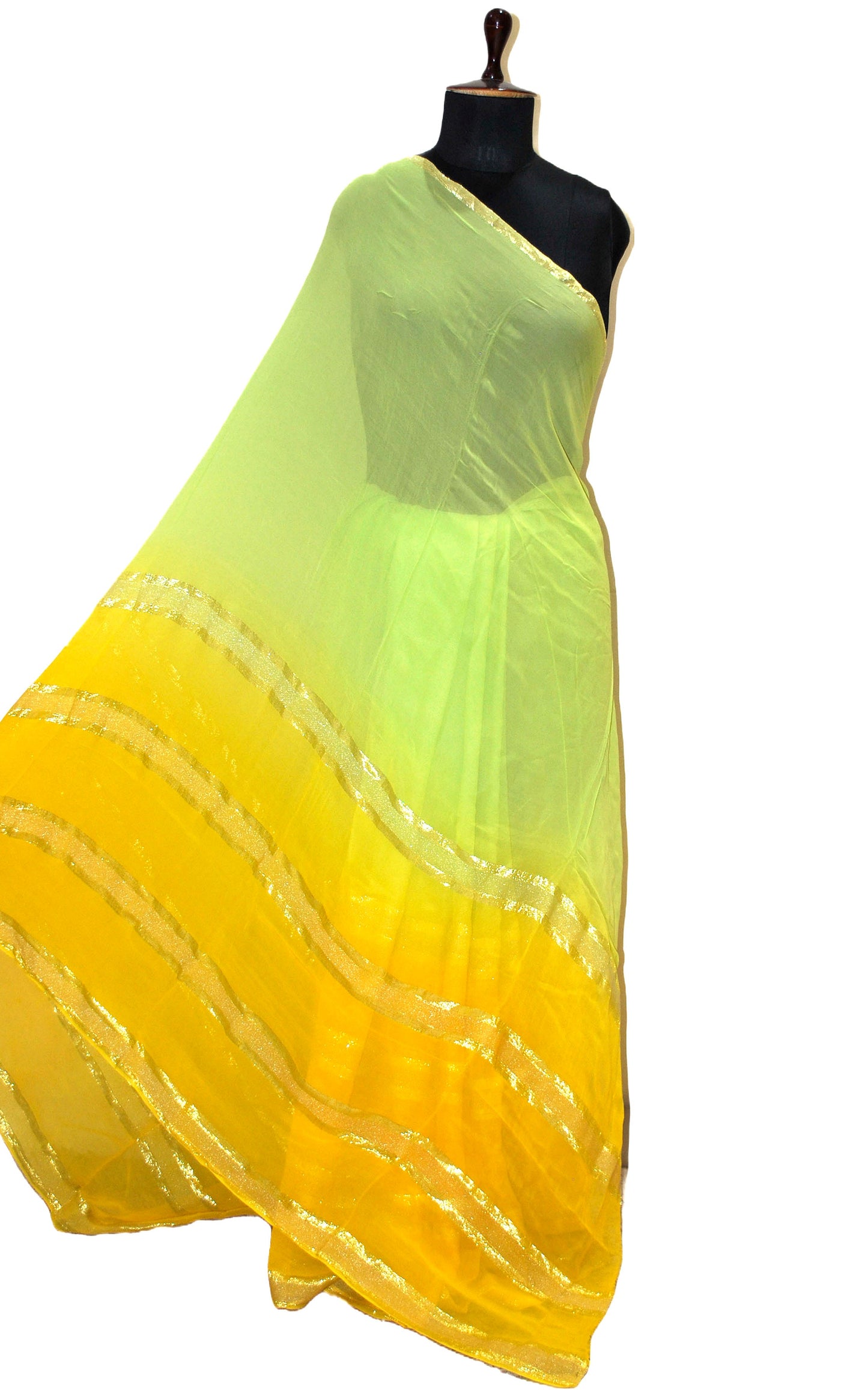 Designer Dual Shaded Georgette Saree in Lime Green, Golden Yellow and Silver Zari Work