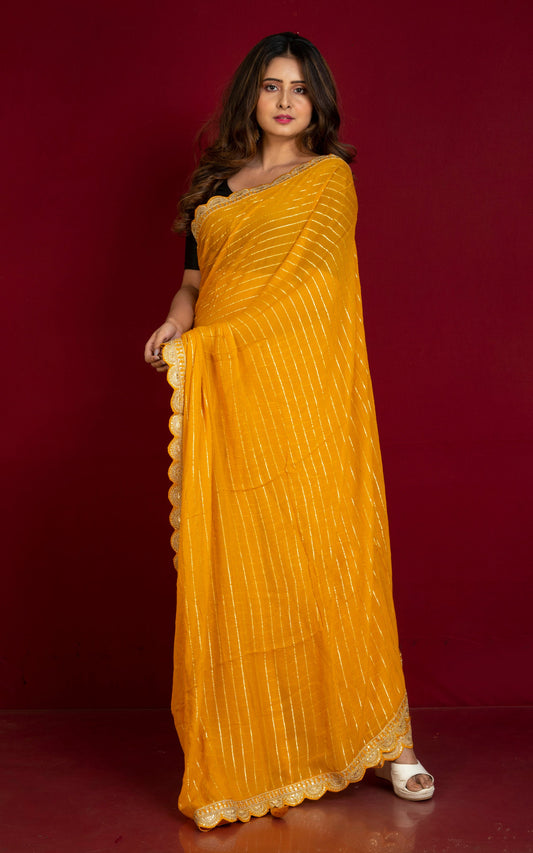 Khaddi Georgette Designer Saree in Honey Yellow and Antique Gold