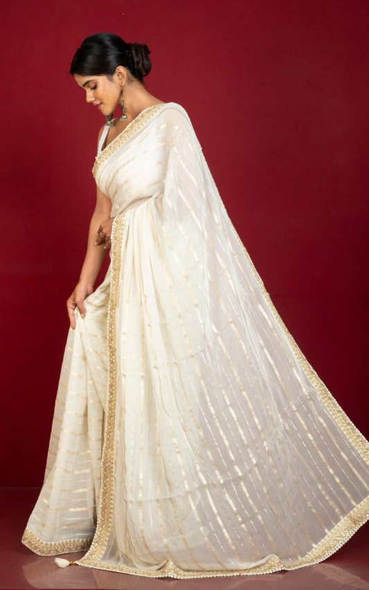 Khaddi Georgette Designer Saree in Off White and Antique Gold