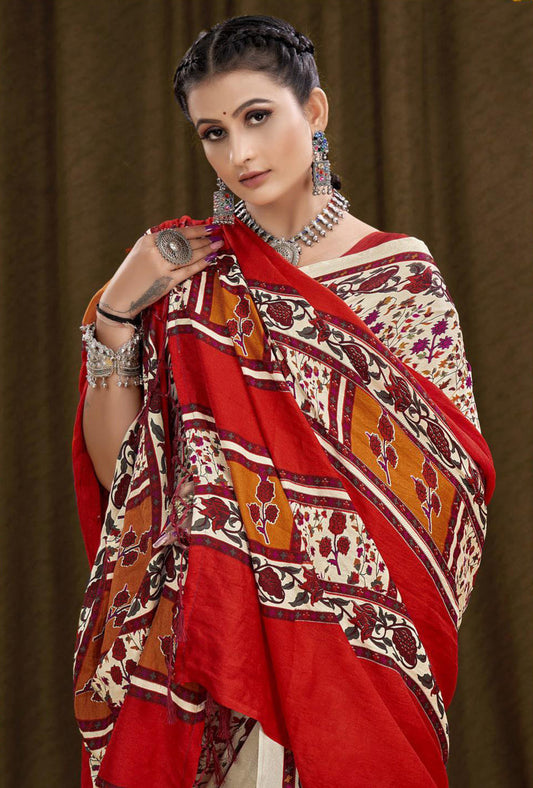 Printed Pashmina Saree and Shawl in Beige, Red and Multicolored Prints