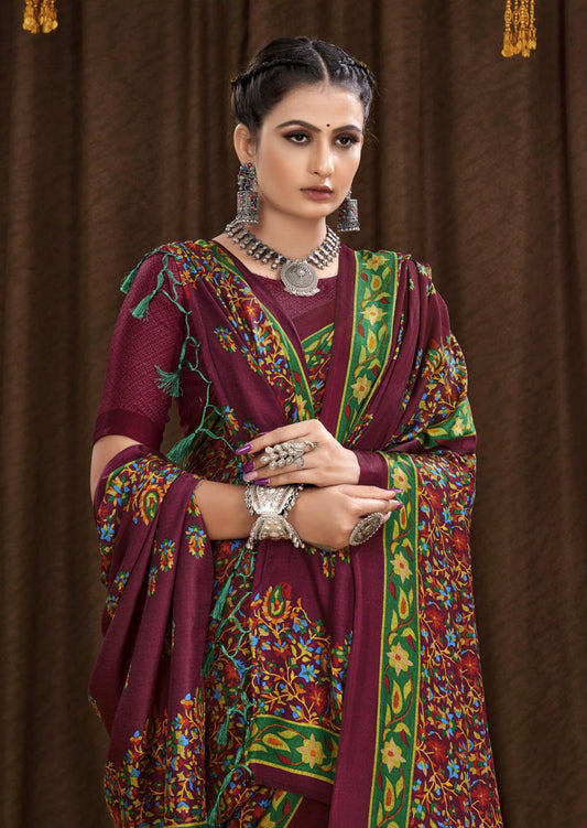Printed Pashmina Saree and Shawl in Wine, Green and Multicolored Prints