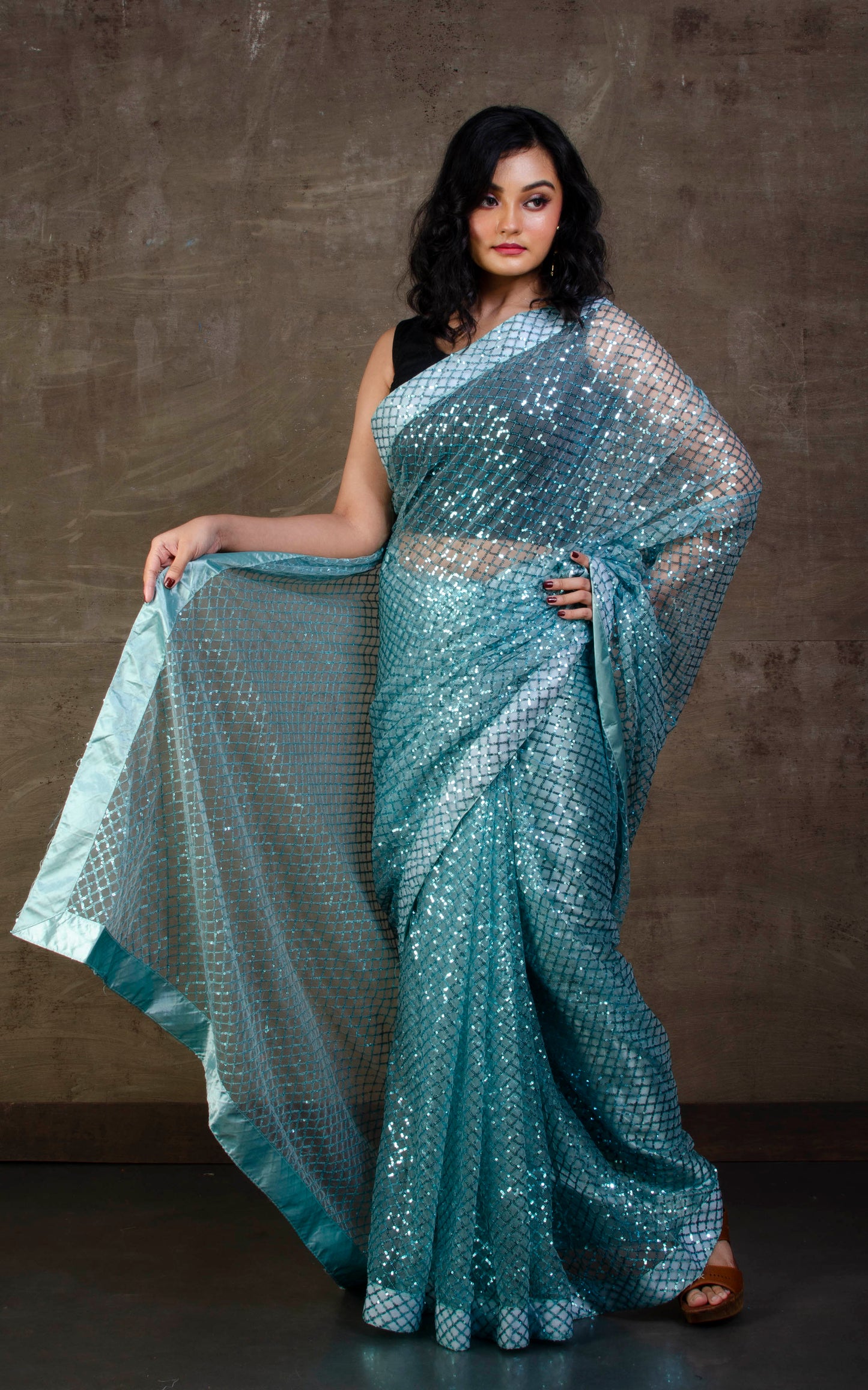 Designer Italian Net with Sequin Woven Bollywood Sarees in Pale Blue