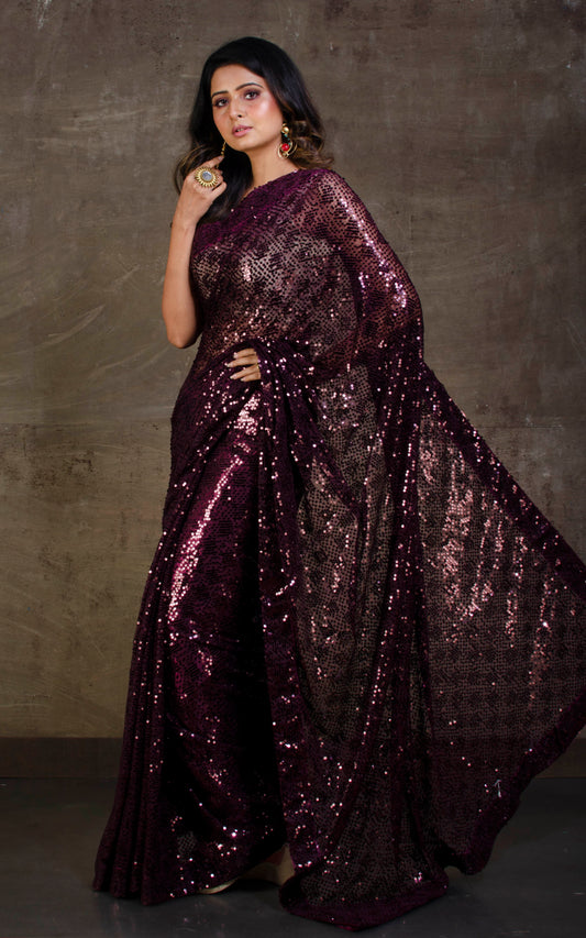 Designer Italian Net with Sequence Woven Bollywood Sarees in Dark Wine