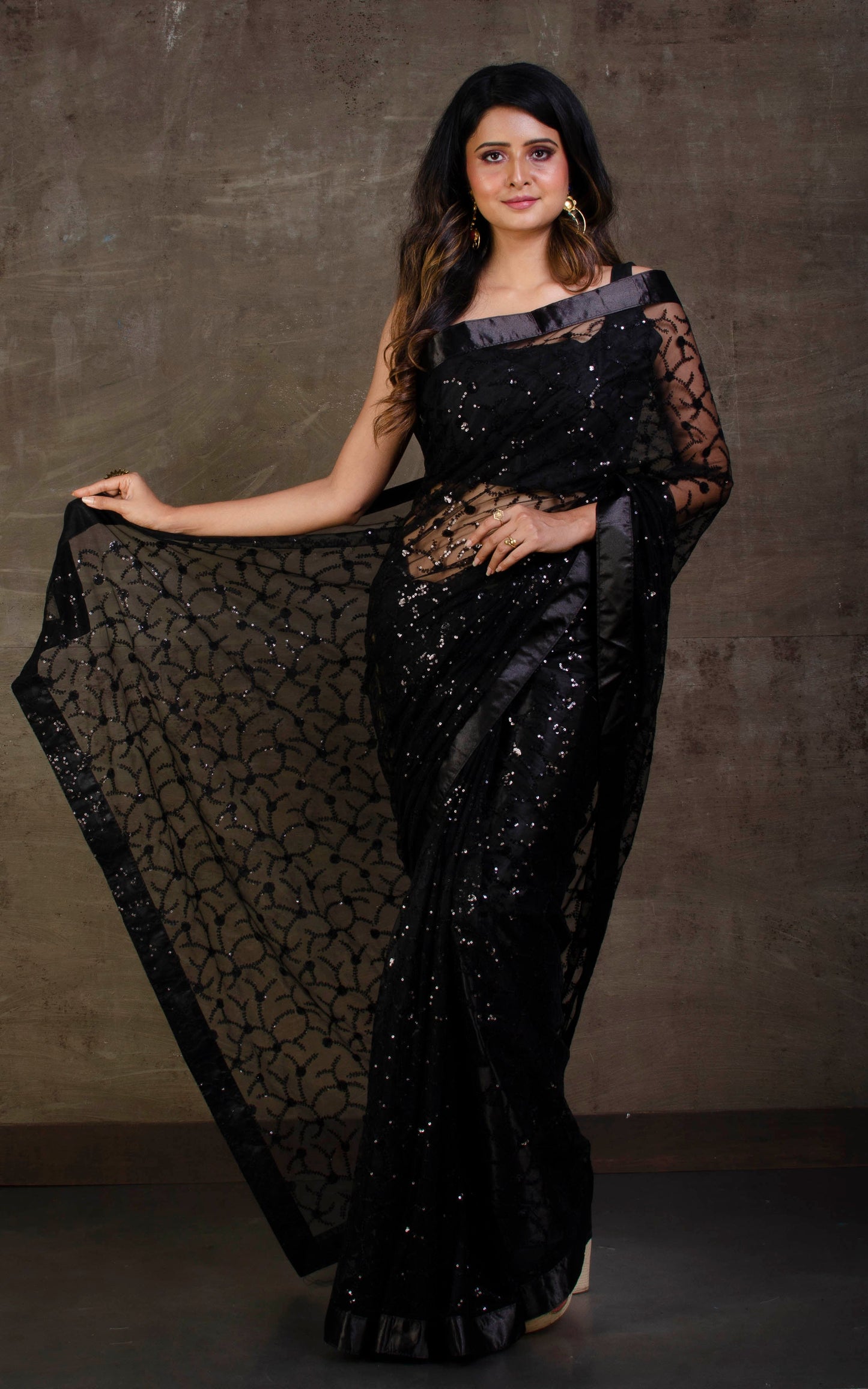 Designer Italian Net with Sequin Woven Bollywood Sarees in Black