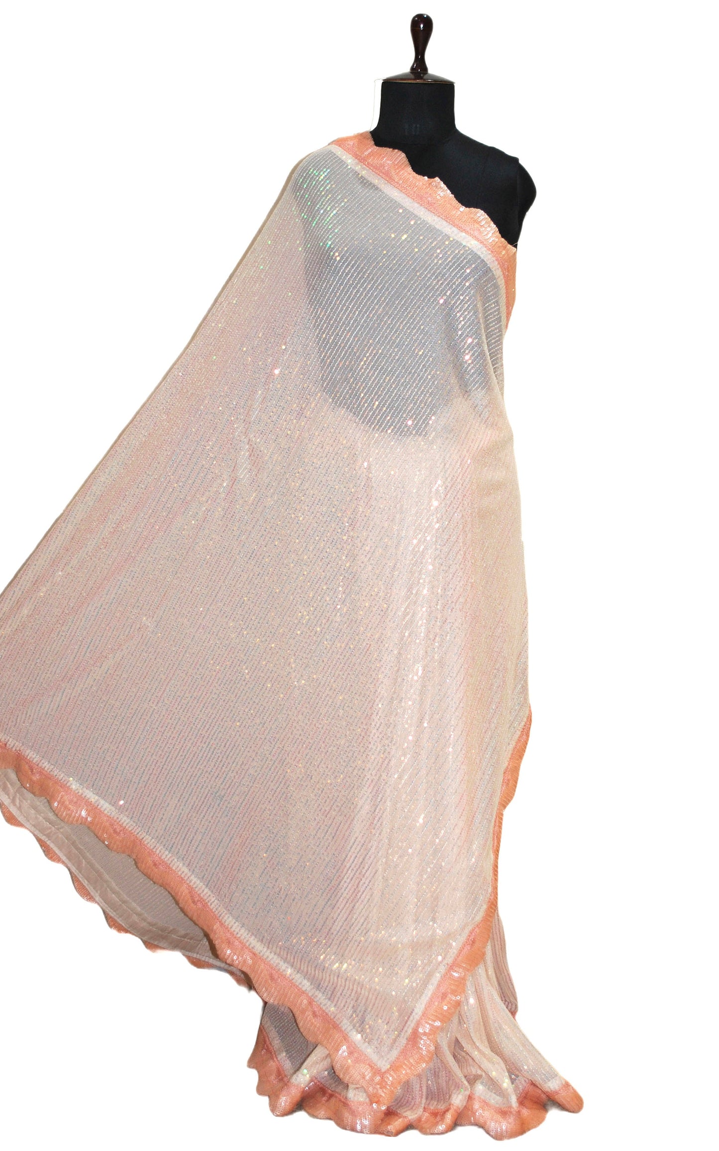 Contrast Sequin Nakshi Border Italian Net with Sequin Woven Bollywood Sarees in Peach and Salmon