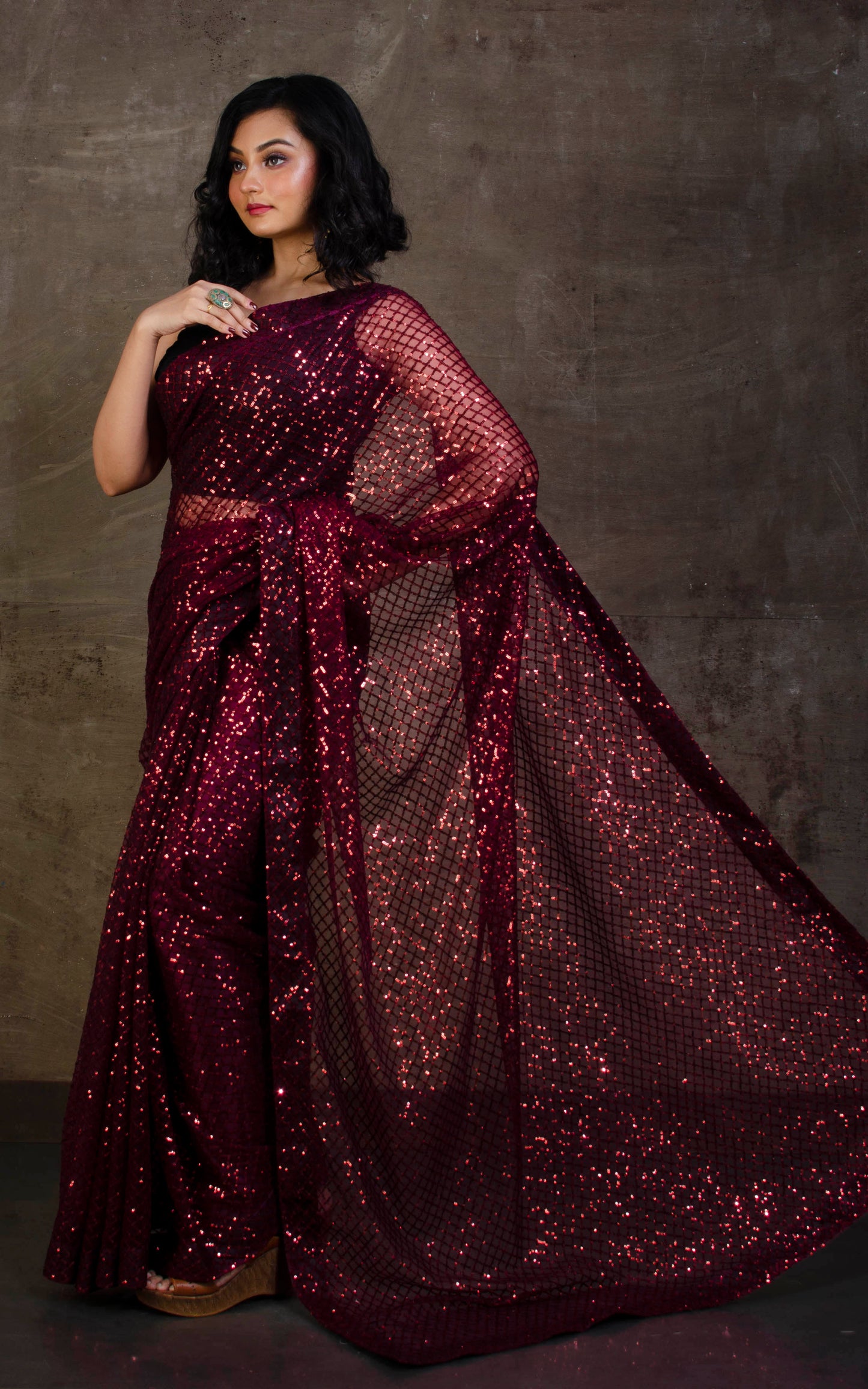 Designer Italian Net with Sequin Woven Bollywood Sarees in Dark Maroon