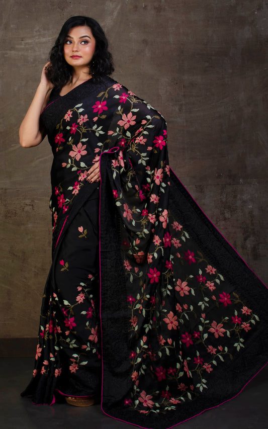 Parsi Cross Stitch Work Designer Italian Crepe Silk Saree in Black, Hot Pink and Multicolored Thread Work