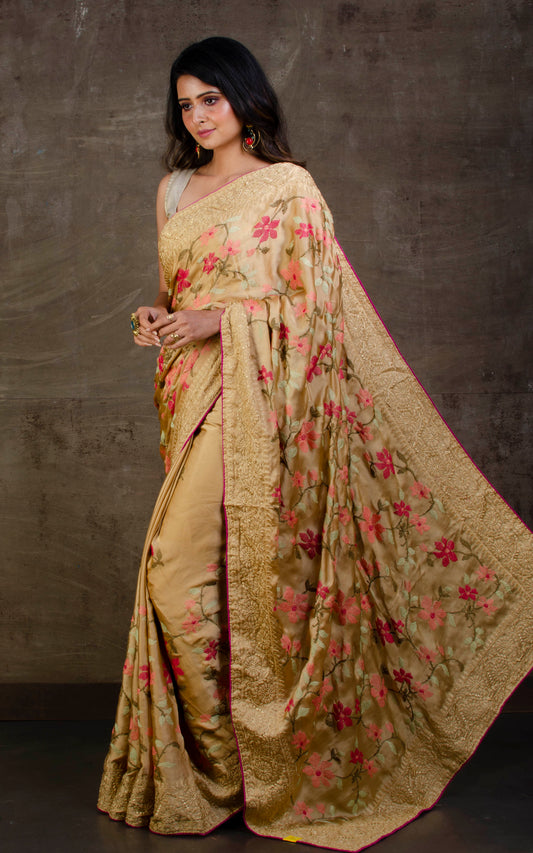Parsi Cross Stitch Work Designer Italian Crepe Silk Saree in Beige, Magenta and Multicolored Thread Work