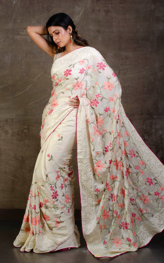 Parsi Cross Stitch Work Designer Italian Crepe Silk Saree in Off White, Magenta and Multicolored Thread Work