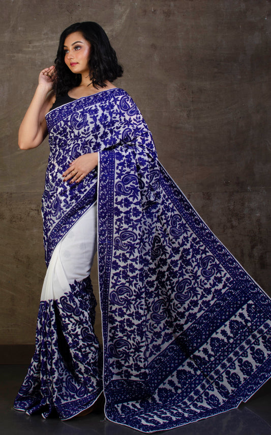 Kashmiri Embroidery Work Designer Saree in White and Navy Blue Thread Work