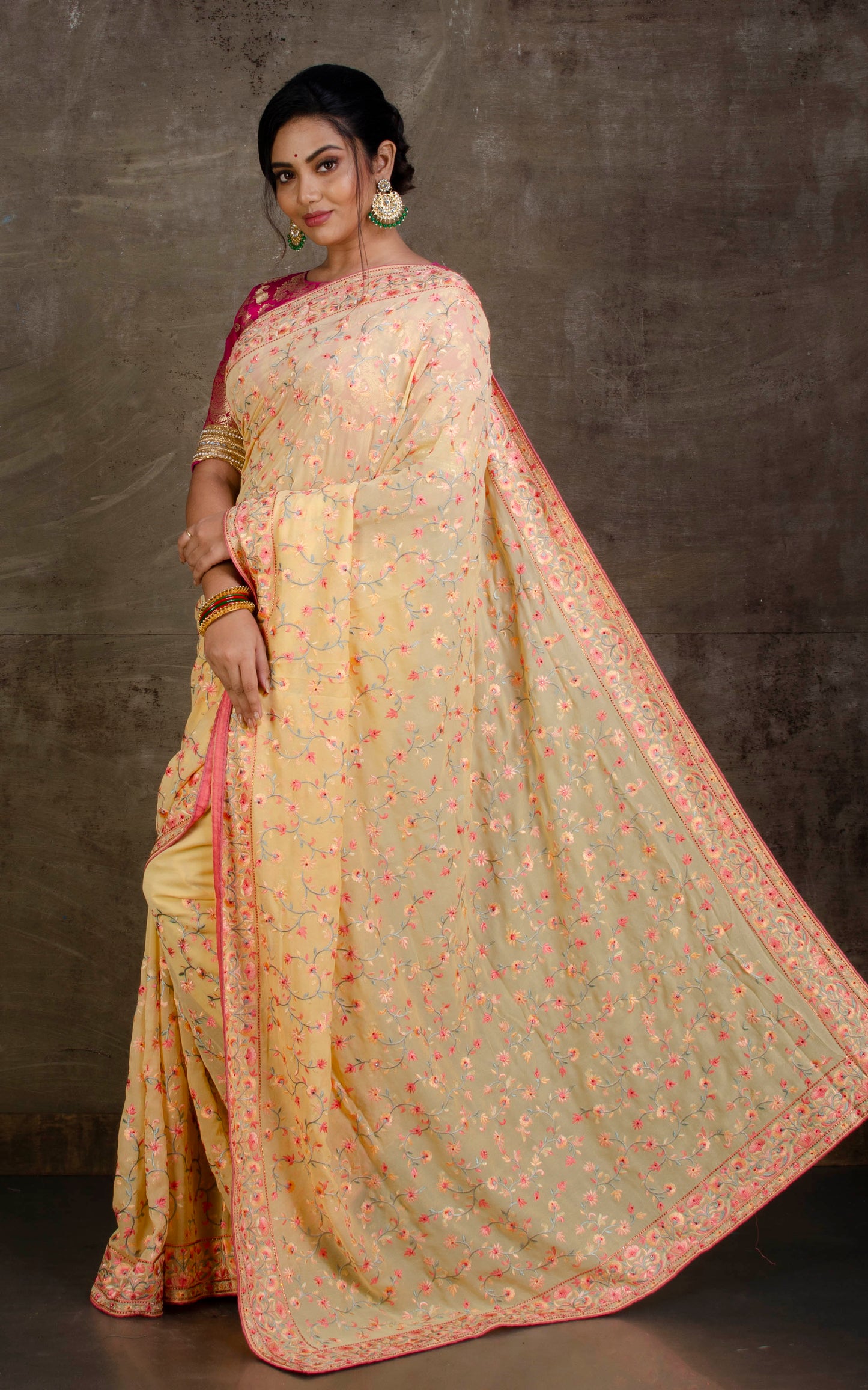 Fine Tilfi Kashmiri Embroidery Work Designer Saree in Pale Peach and Multicolored Thread Work
