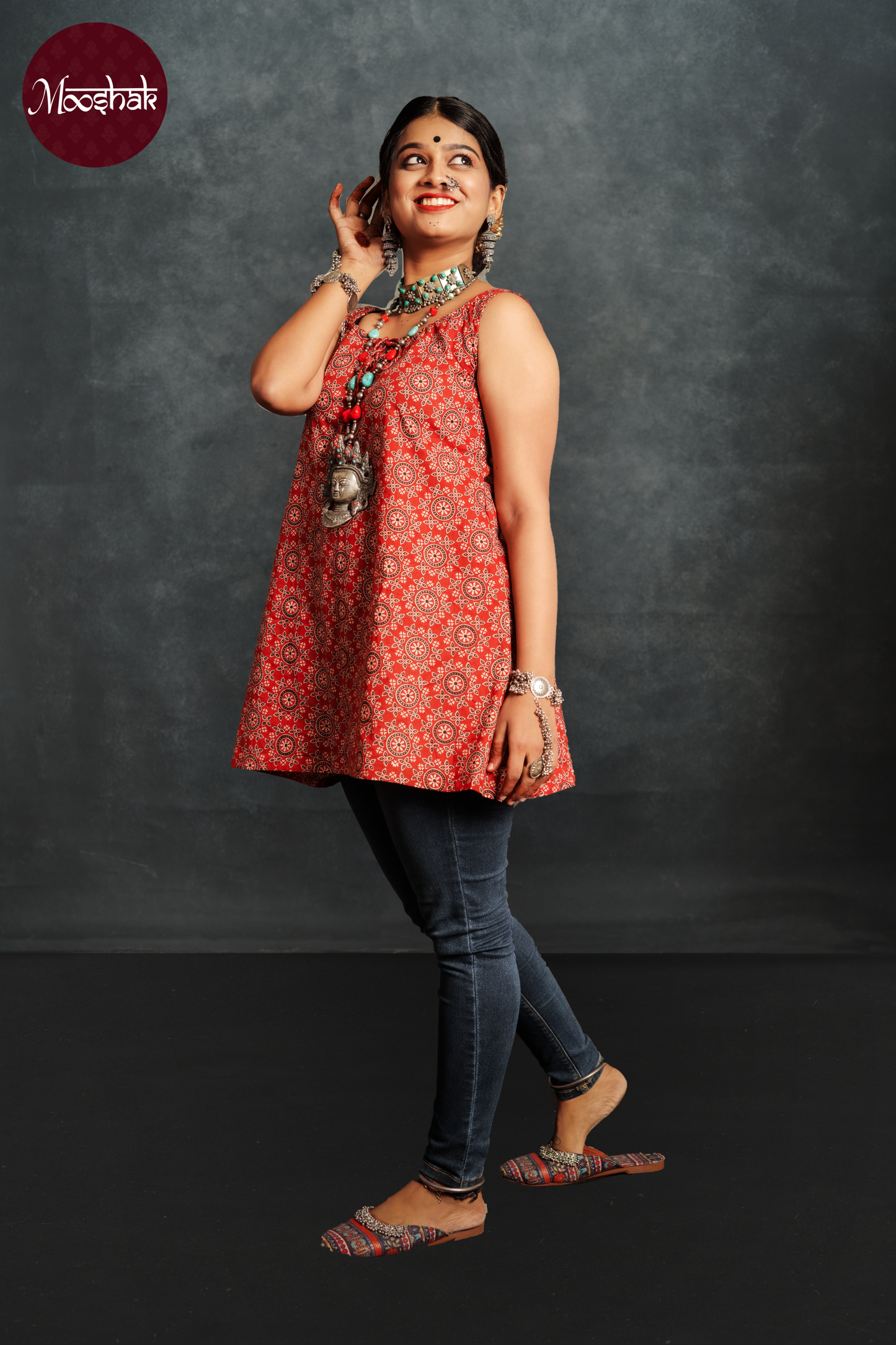 Dhaani-Top - Tops in Red Ajrakh with circle print