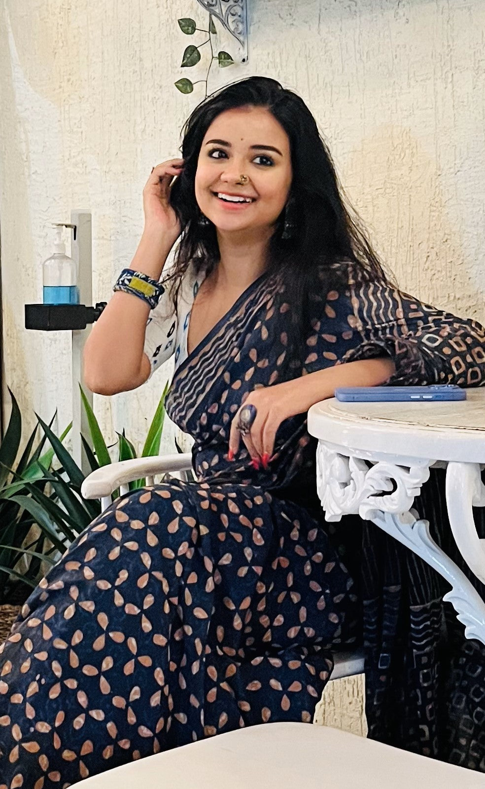 Dhalti Raat ( Stary Night In Dessert) - Blue Bagru Natural Dyes Handblock Printed - Cotton Mulmul Saree